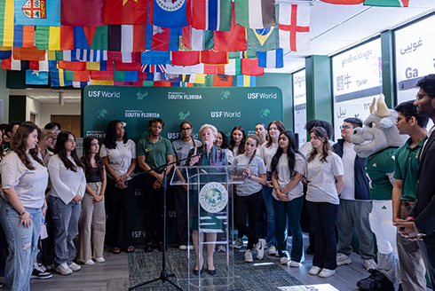 President Rhea Law speaks to USF international students