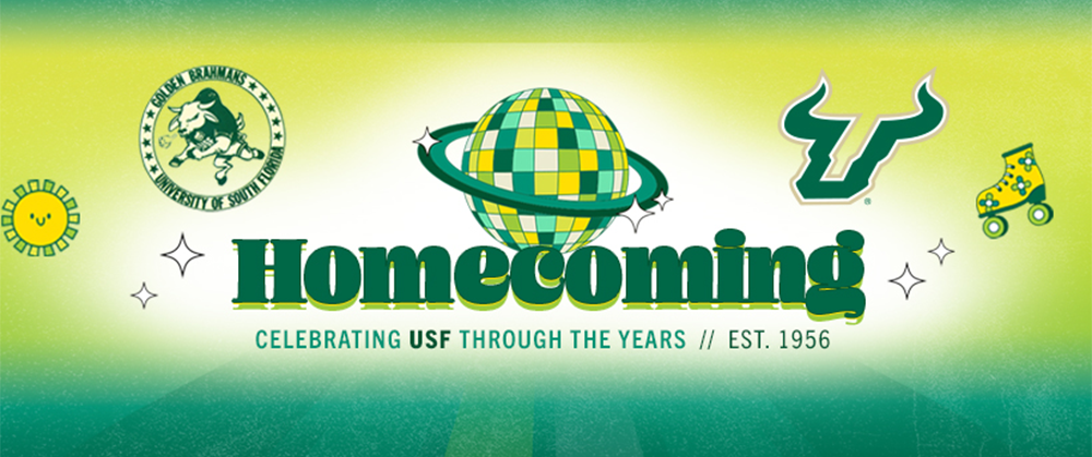 Graphic that says, "Homecoming, celebrating USF through the years"