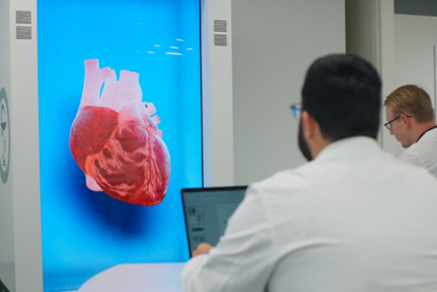 Pharmacy students look at hologram of heart on screen