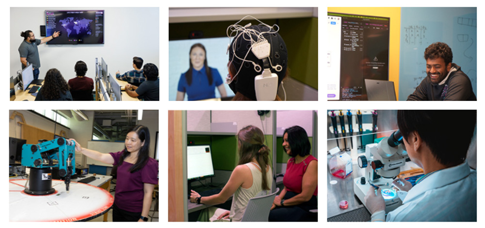 collage of scenes showing the various uses of AI and cybersecurity at USF