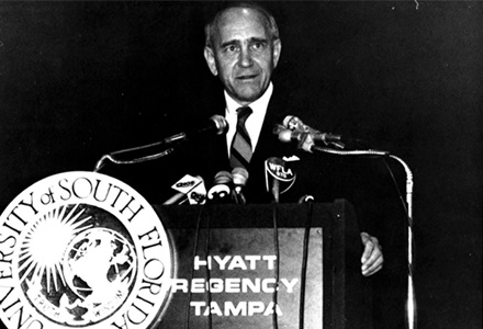 President Borkowski speaks about USF at a press conference at the Hyatt Regency Hotel. | Source: USF Yearbook 1988