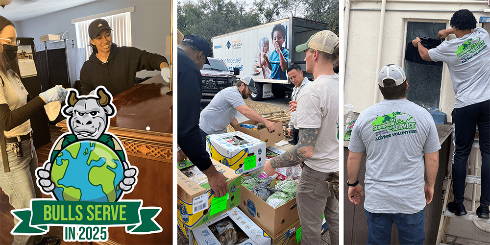 Three scenes of volunteers from Stampede of Service