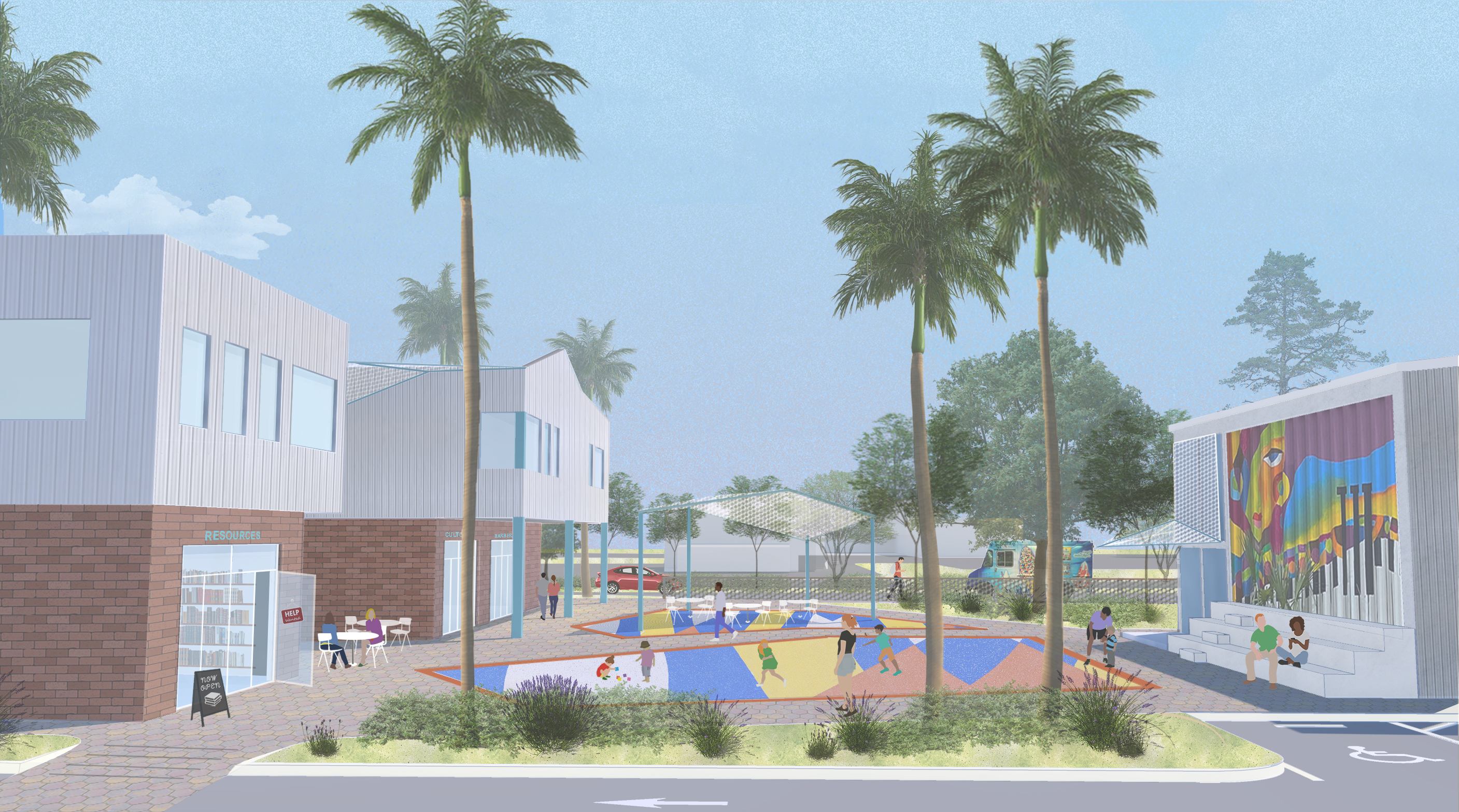 A rendering of what the new area will look like, featuring murals