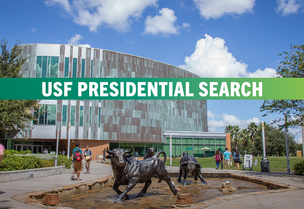 USF Tampa campus with graphic that says, "USF Presidential Search"