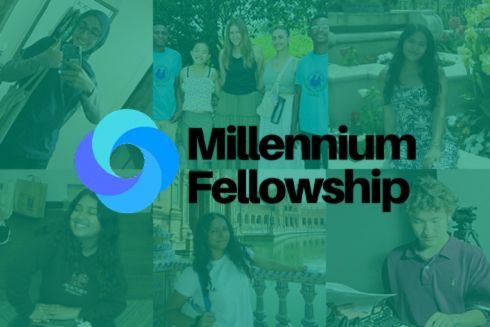 Millennium Fellowship graphic with six-panel image featuring students with green overlay.