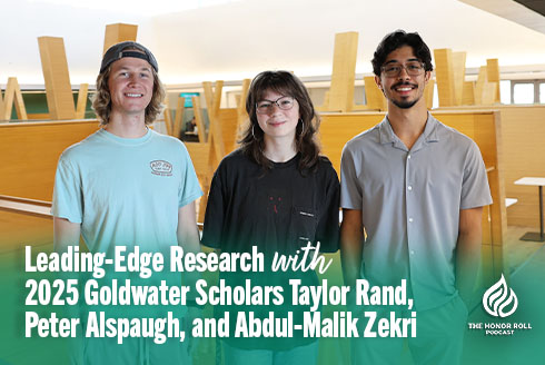 Peter Alspaugh, Taylor Rand, and Malik Zekri standing in the Honors College