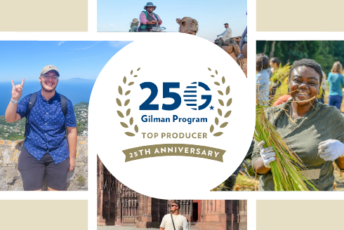 25th anniversary of the Gilman program graphic with images of students around the world in the background.
