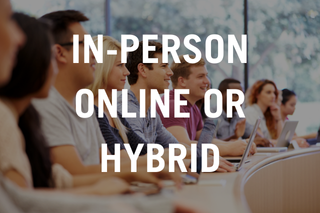 Students sitting at a large desk with text reading "In-person hybrid or online"