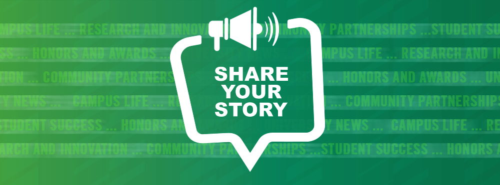 A speech bubble with megaphone that reads "share your story"