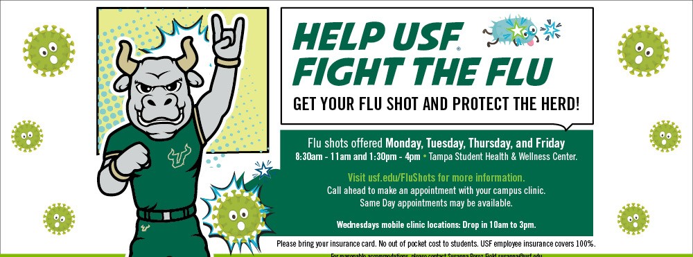 Rocky the Bull Mascot next to text that reads "help USF fight the flu"