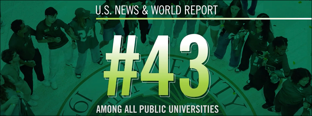 A graphic showing students in the background with text overlay that reads "US News and World Report #43 among all public universities"