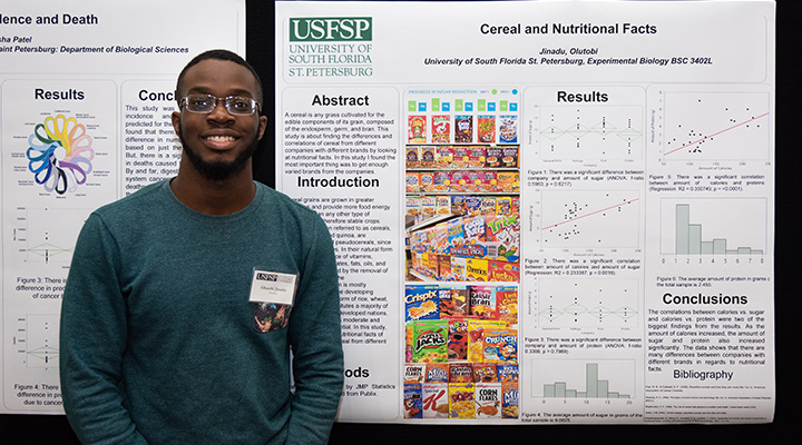 Student in front of research poster