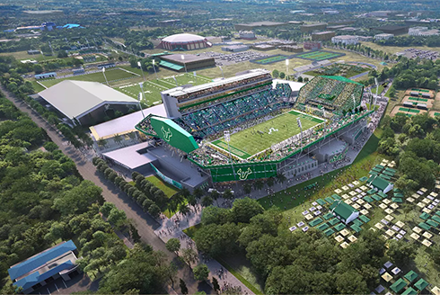 Rendering of a birds eye view of the outside of the new on-campus stadium