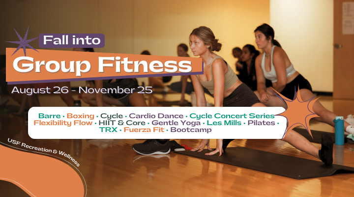 Group Fitness Banner displaying an assortment of classes listed below