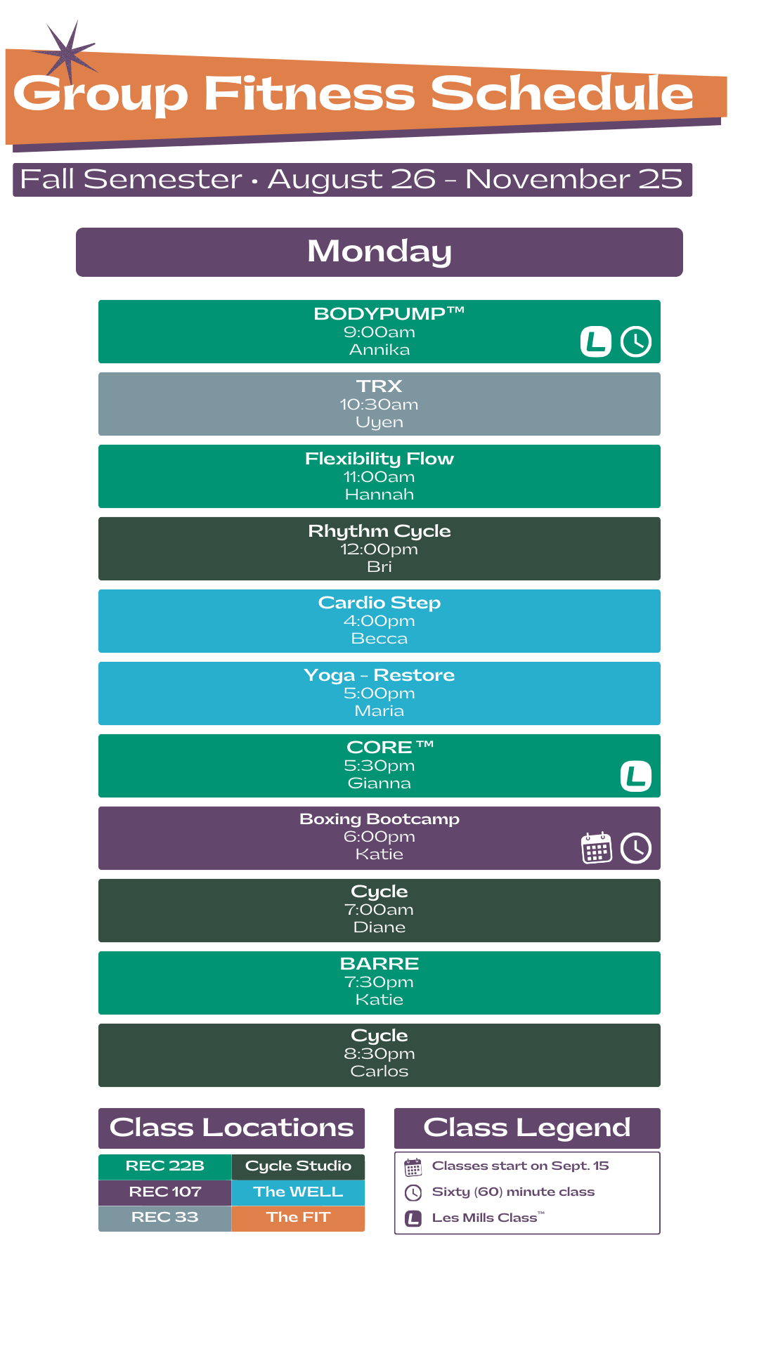 Monday Schedule for Group Fitness Classes. Please contact our team for more information.