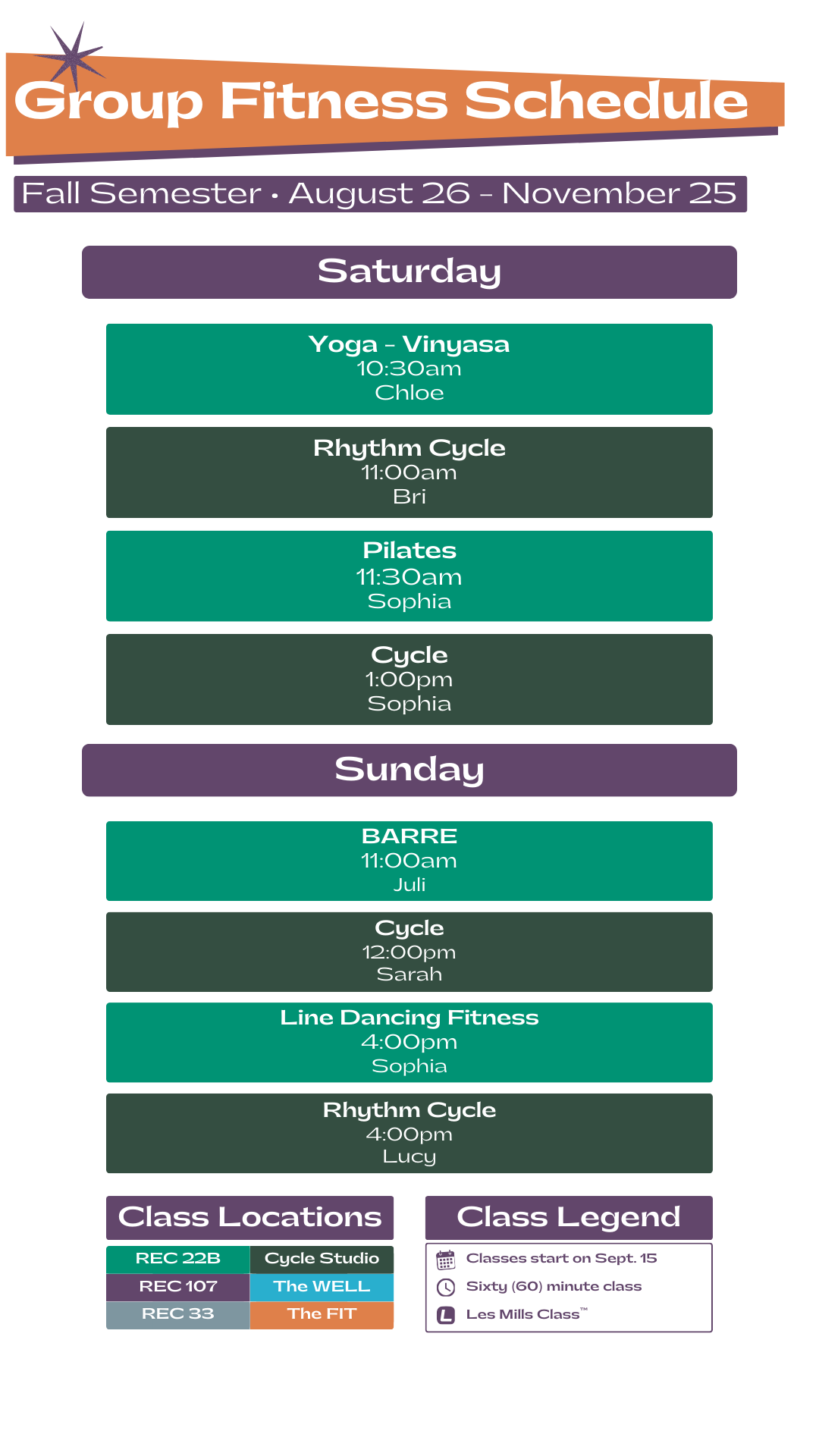 Saturday and Sunday Schedule for Group Fitness Classes. Please contact our team for more information.