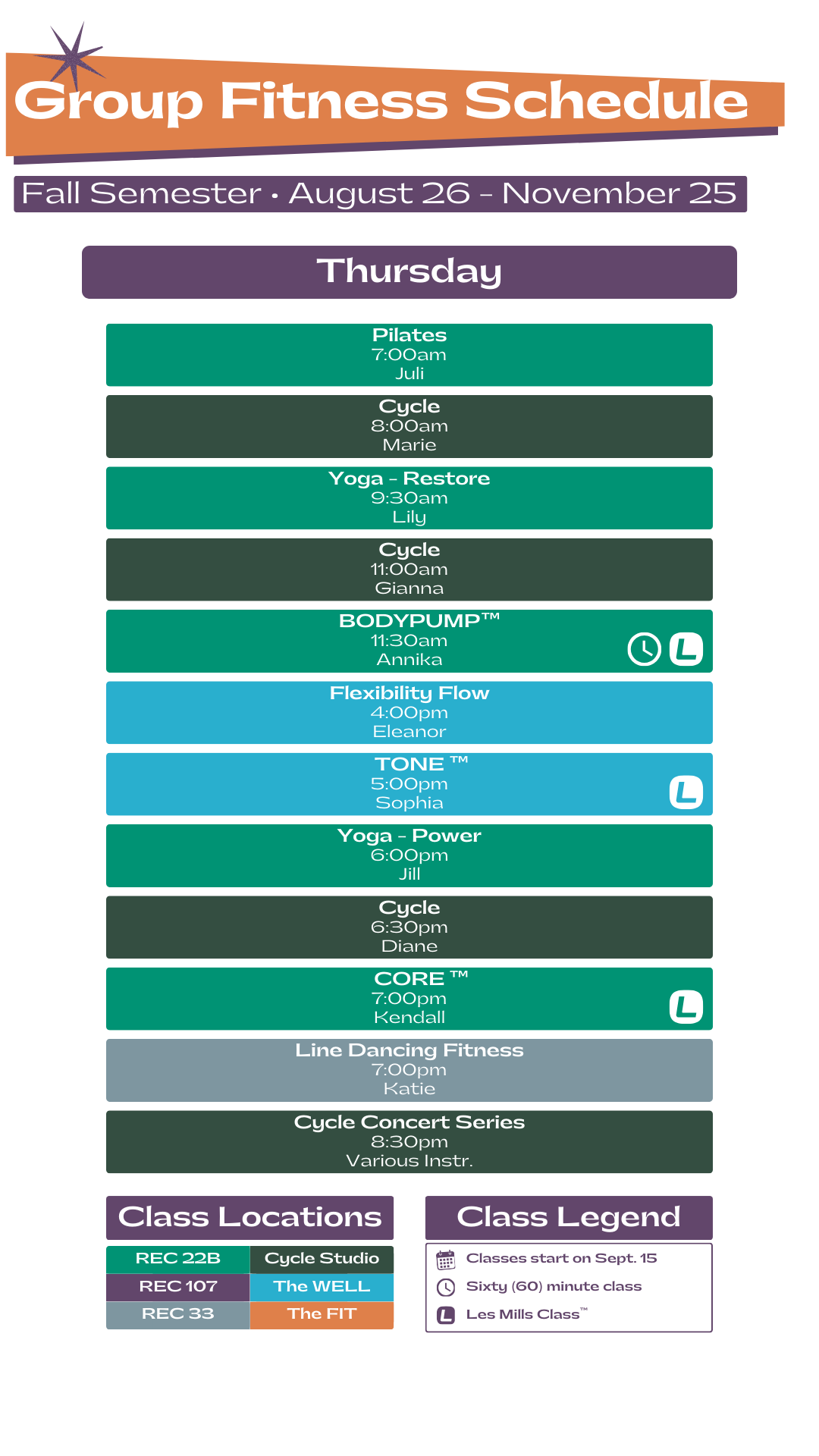 Thursday Schedule for Group Fitness Classes. Please contact our team for more information.