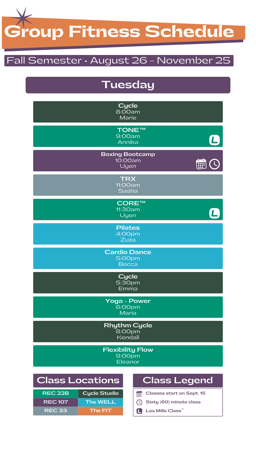 Tuesday Schedule for Group Fitness Classes. Please contact our team for more information.