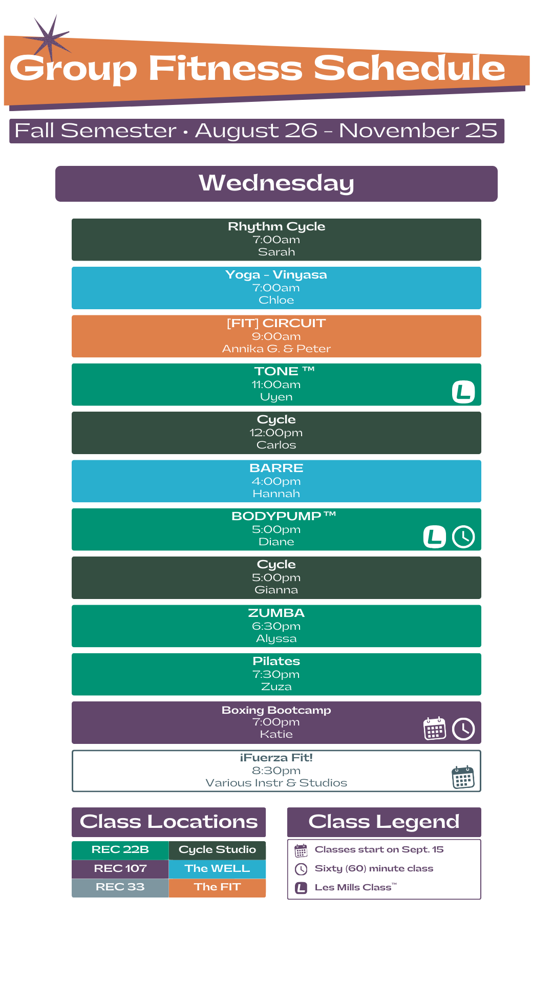 Wednesday Schedule for Group Fitness Classes. Please contact our team for more information.