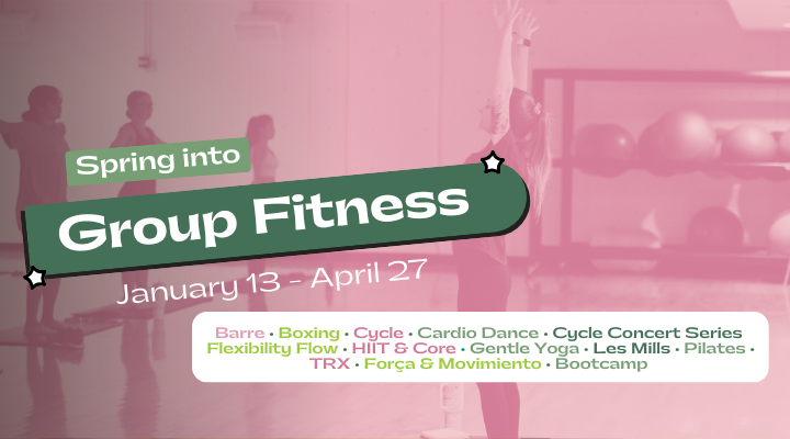 Group Fitness Banner displaying an assortment of classes listed below