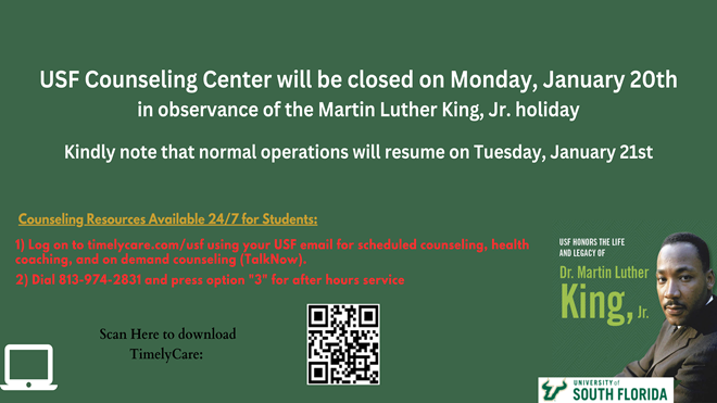 Usf Counseling Center is closed for MLK Day