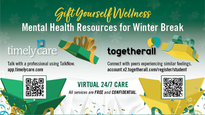 two opened wrapped present boxes with the Timelycare and Togetherall logos coming out with urls to 24/7 virtual mental health care