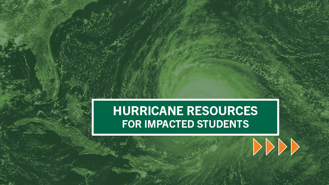 Hurricane Resources for impacted students banner with hurricane graphic over the state of Florida