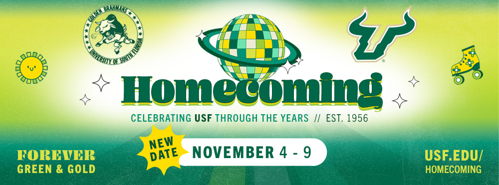 Homecoming - Celebrating USF Through the Years - Est. 1956 with a green, yelow and white background with retro icons and the words New Date: Nov. 4-9