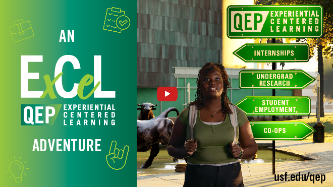 MSC bull fountain in early morning light with female student by a directional sign pointing to internships, undergrad research, student employment and co-ops with the ExCeL QEP logo