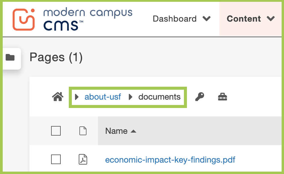 Screenshot of a documents folder on the CMS, highlighting the breadcrumb folder structure in the Content view