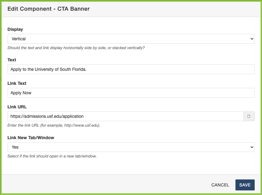 Screenshot of CTA Banner component modal window.