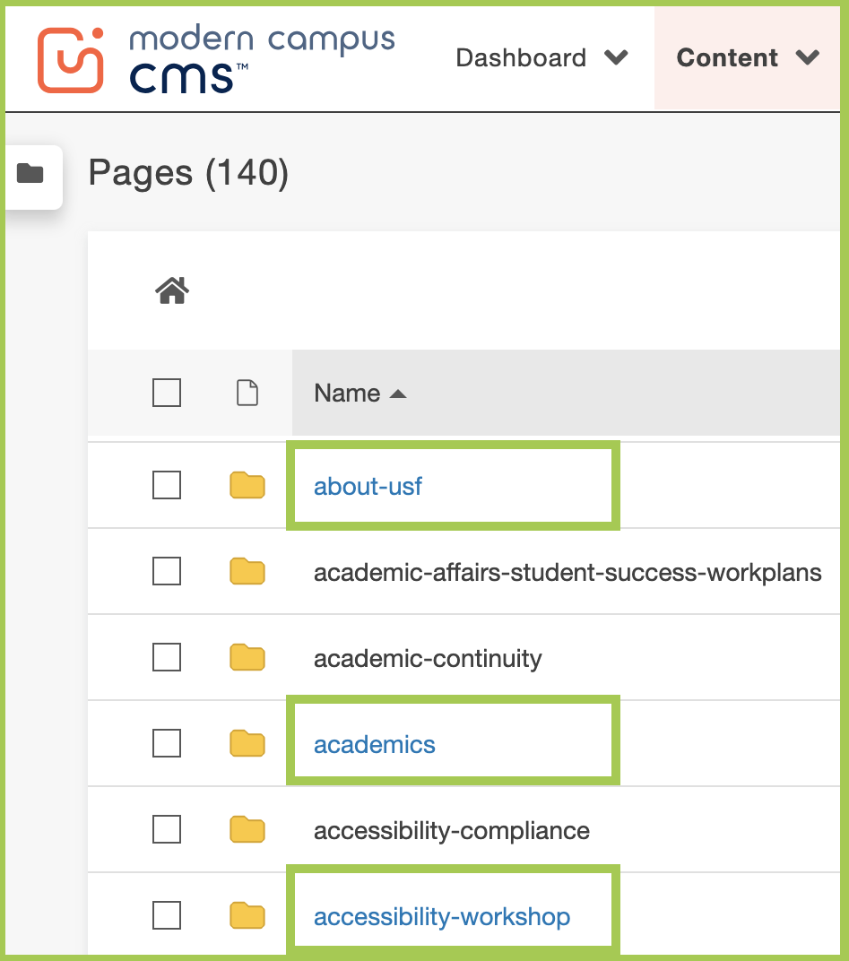 Screenshot of directories on the CMS, highlighting the folders that have a blue hyperlink