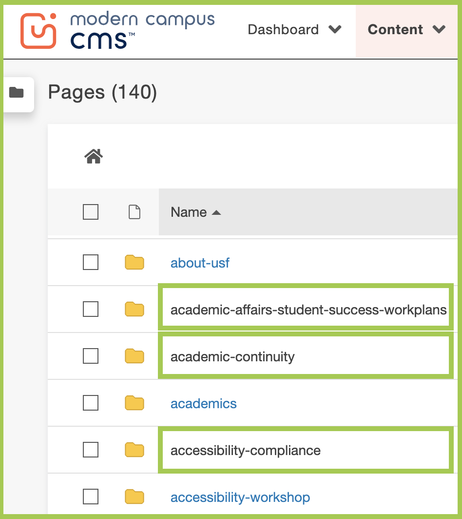 Screenshot of directories on the CMS, highlighting the folders that have a plain black text