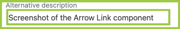 Screenshot of an Image snippet modal window, highlighting the Alternative description reading, "Screenshot of the Arrow Link component".