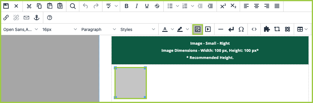 Screenshot of an Image snippet, highlighting the image gray box and Inser/edit image icon in the WYSIWYG Editor