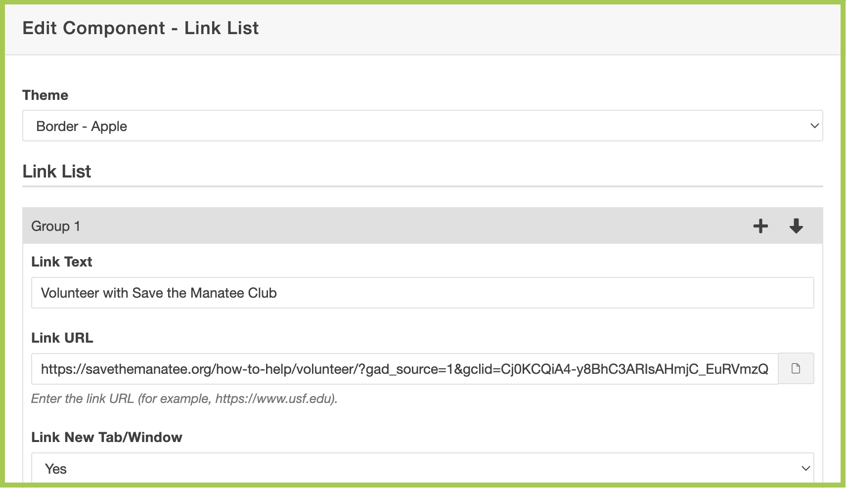 Screenshot of Link List Component fields