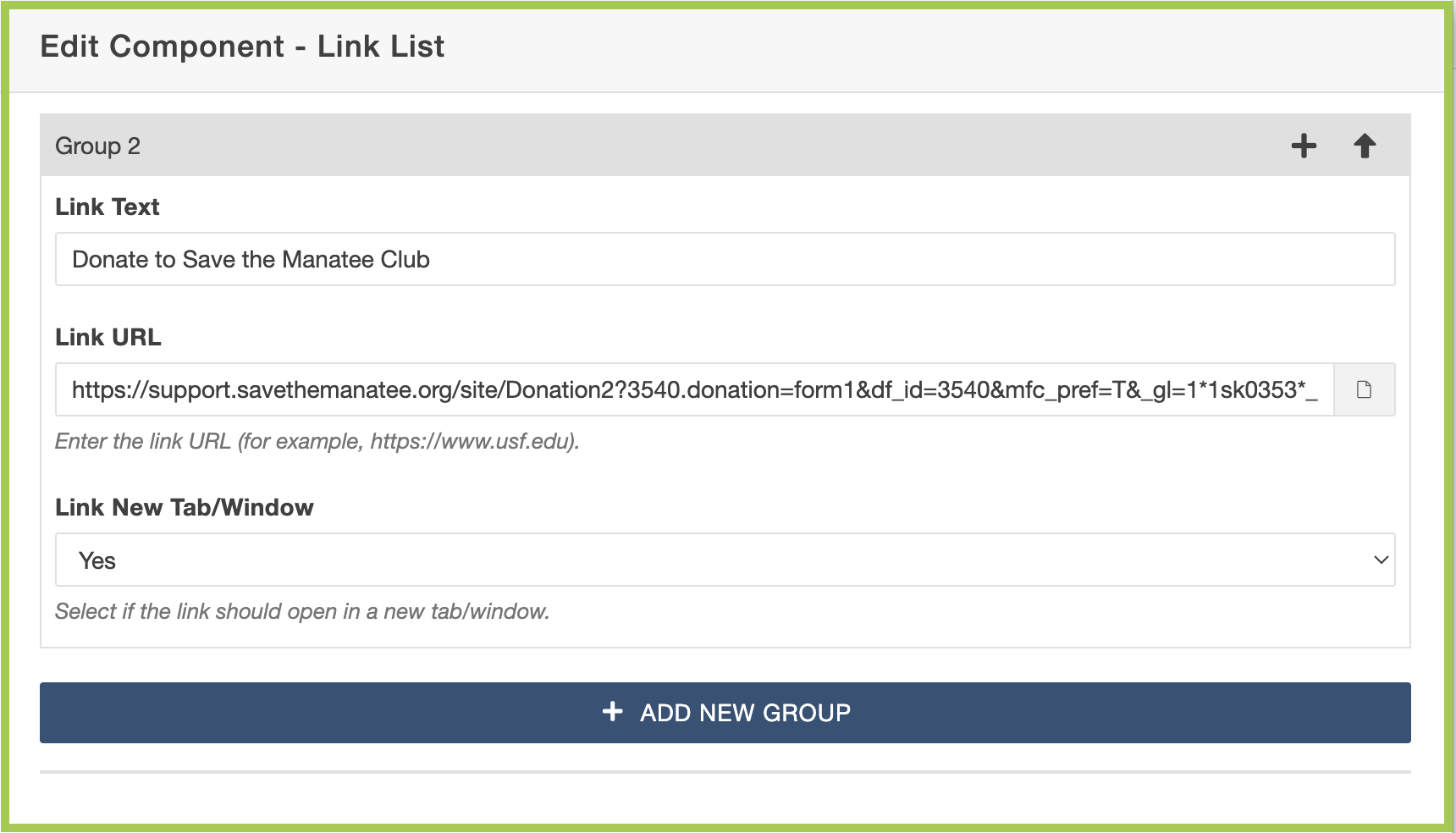 Screenshot of Link List Component fields