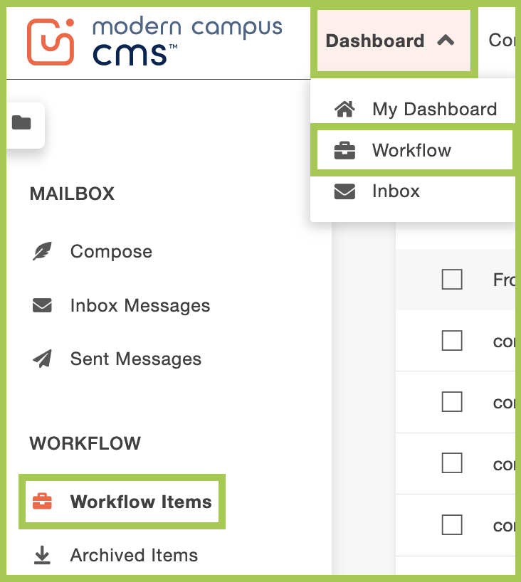 Screenshot of Workflow in Modern Campus CMS