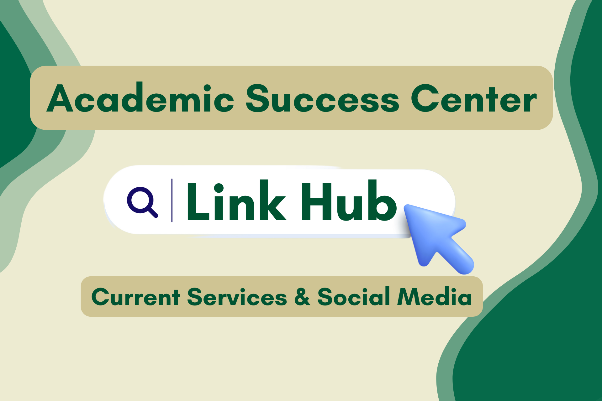 The image describes the academic success center link hub for current services and social media.