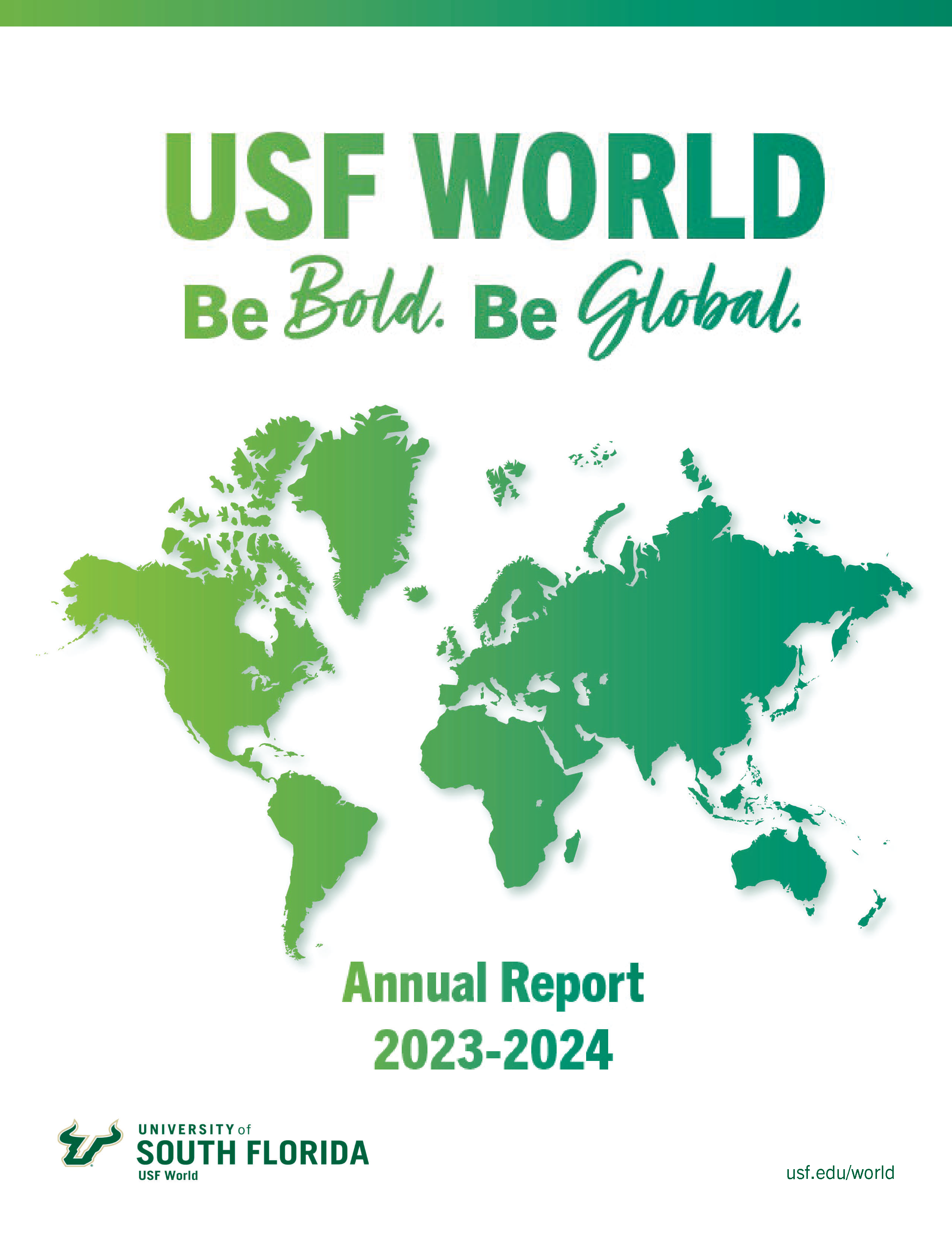 cover of 2023-24 usf world annual report featuring a grean-teal colored gradient map of the world