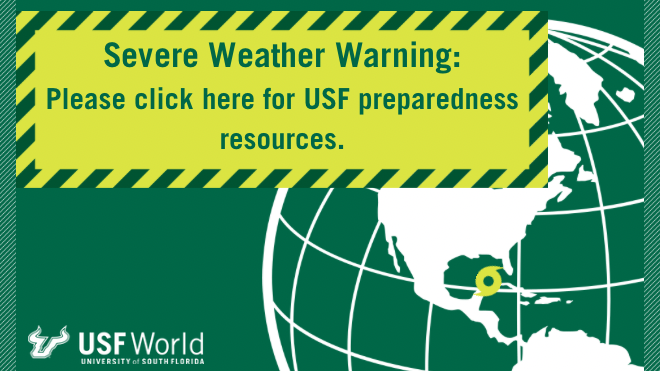 Cautionary warning about severe weather imposed over a globe featuring north america with a storm icon in the Gulf of Mexico and the USF World logo in the lower left corner