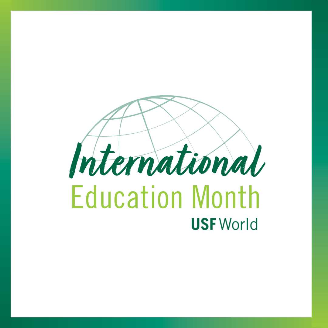 green border around white box with USF World international month wording and globe icon