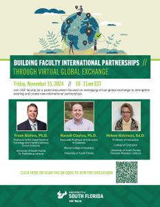 flyer for "Building Faculty International Partnerships Through Virtual Global Exchange" on Friday November 15, 2024 from 10 to 11 am EST