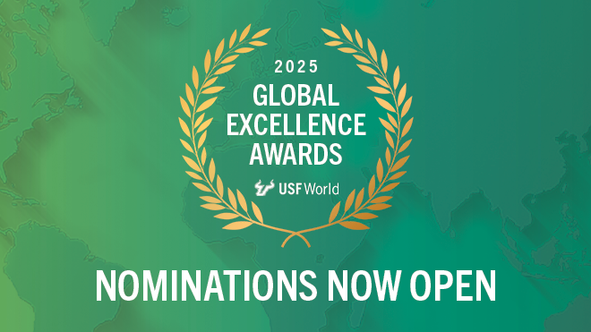 image with green background overlayed with dark green countries and on top is text "Global Engagement Awards" with the USF World logo, all text in white and surrounded by gold laurel leaves