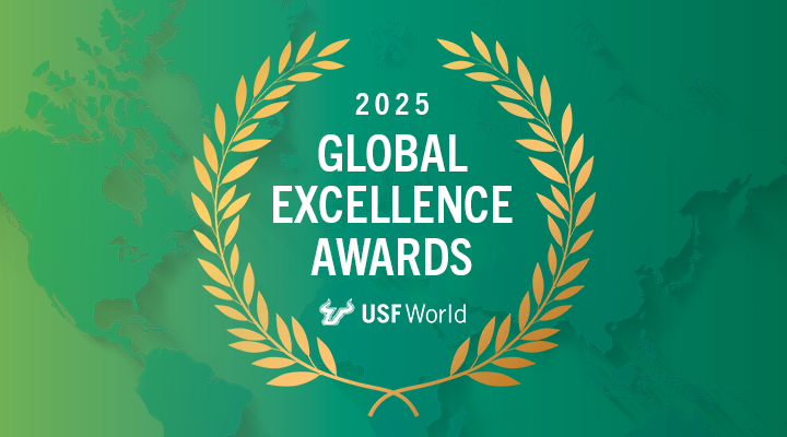 image with green background overlayed with dark green countries and on top is text "Global Engagement Awards" with the USF World logo, all text in white and surrounded by gold laurel leaves