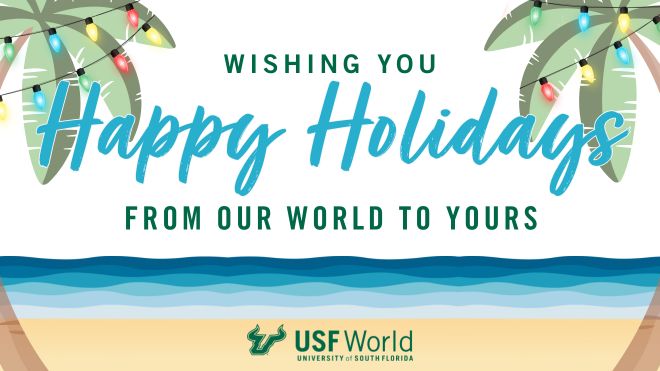 "Happy Holidays" in blue text with a beach background