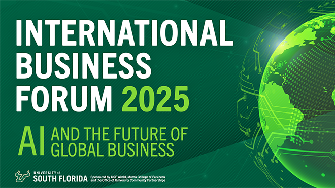 A green background with the words "International Business Forum 2025" and "AI and the future of global business"