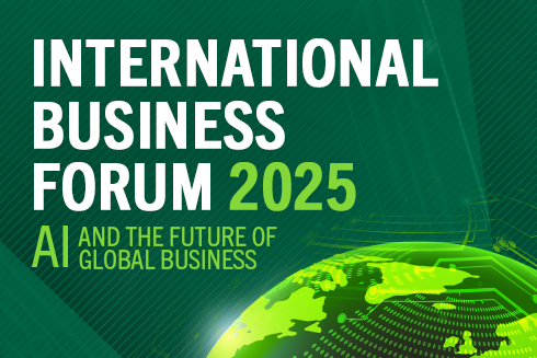 lime globe on green patterned background with international business forum wording