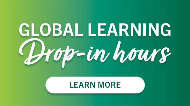 Text on a gradient background that says: USF Education Abroad Drop-in Hours. Learn more.