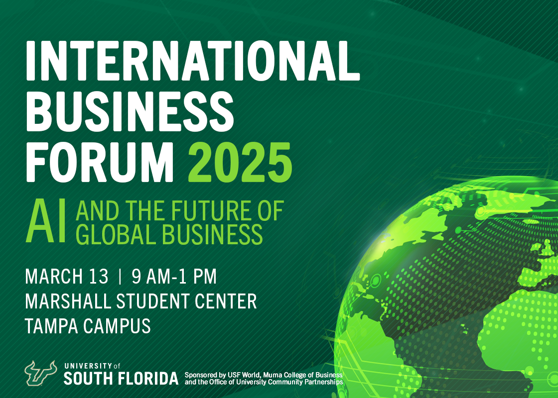 Green world on a dark green background that says International Business Forum 2025 AI